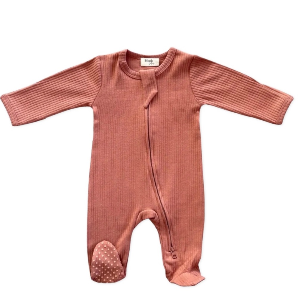 Blush Lotus | Baby Ribbed Cotton Zip Up Footie in Brick